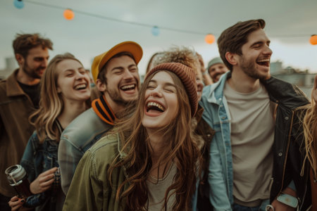 group of friends celebrating with laughter and joy in a rooftopの素材
