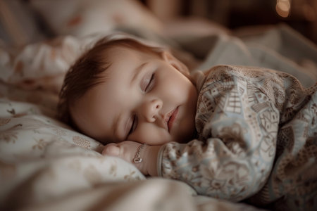 Cute newborn baby sleeping on bed at homeの素材