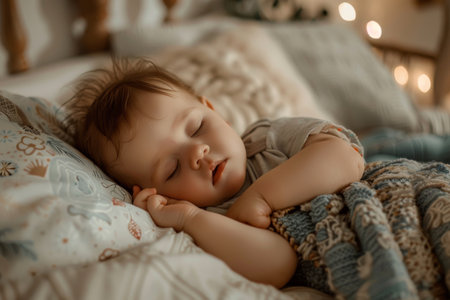 Cute newborn baby sleeping on bed at homeの素材