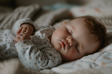 Cute newborn baby sleeping on bed at homeの素材
