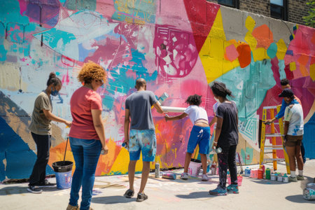 diverse group of 4-5 people (various ages, ethnicities, genders) are working together on the muralの素材