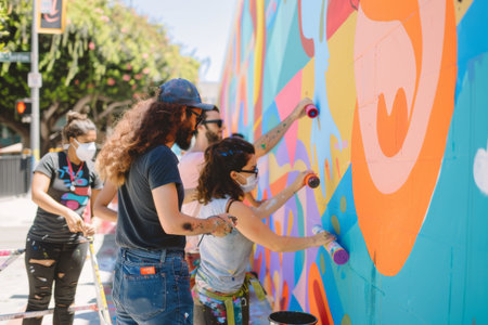 diverse group of 4-5 people (various ages, ethnicities, genders) are working together on the muralの素材