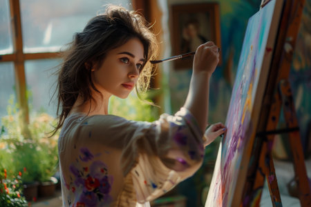 young lady painting a picture at homeの素材