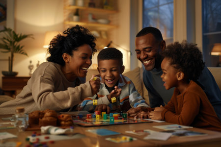 family enjoying board game at homeの素材