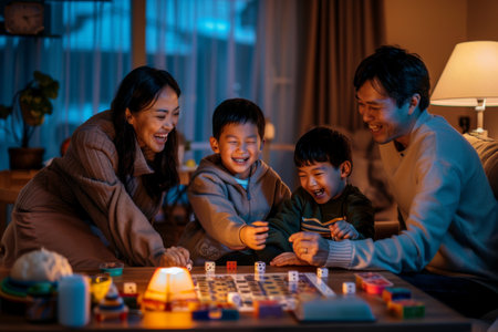 family enjoying board game at homeの素材