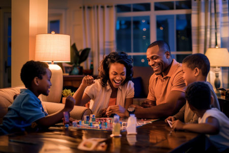 family enjoying board game at homeの素材
