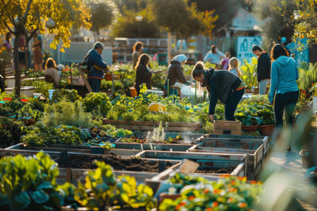 community garden with people of different ages working togetherの素材