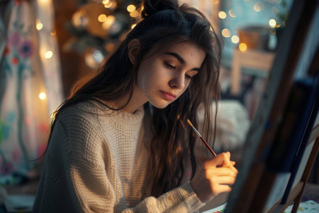 young lady painting a picture at homeの素材