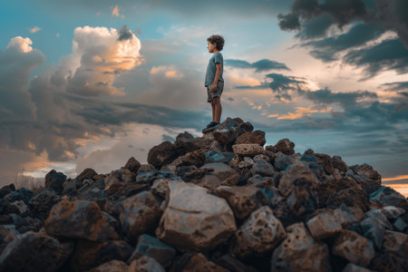 boy standing on top of a pile of rocksの素材