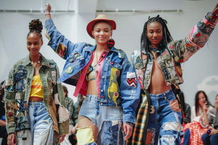 diverse models are confidently showcasing unique clothing made from upcycled materialsの素材