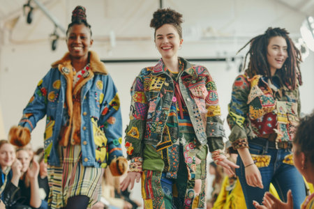 diverse models are confidently showcasing unique clothing made from upcycled materialsの素材