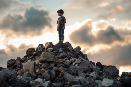 boy standing on top of a pile of rocksの素材