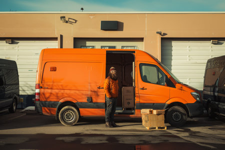 Delivery man loading van on parking lotの素材