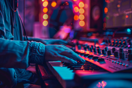 audio producer using interface controller at home music studioの素材