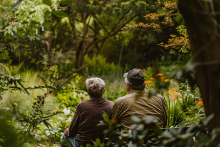 Adult son sitting with father in gardenの素材