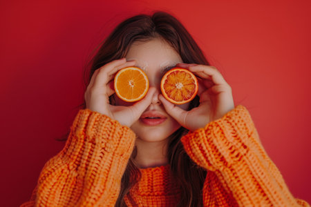 young woman covering her eyes while holding two orangesの素材