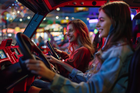 Young women having fun with driving simulator in arcadeの素材