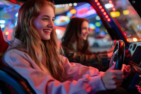 Young women having fun with driving simulator in arcadeの素材