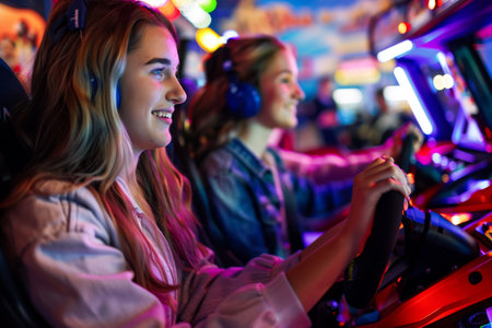 Young women having fun with driving simulator in arcadeの素材