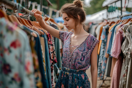 Young woman choosing dress hanging on clothes rack at flea marketの素材