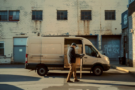 Delivery man loading van on parking lotの素材