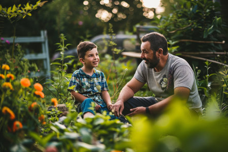 Adult son sitting with father in gardenの素材