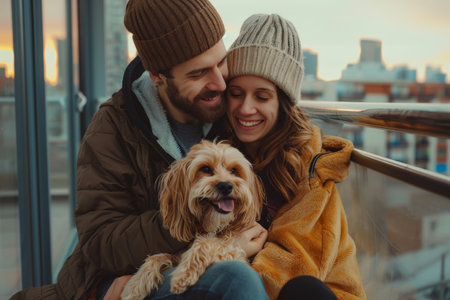 Happy young man and woman enjoying with dog on balconyの素材