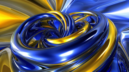 blue and yellow chrome 3d swirl pattern on a blue backgroundの素材