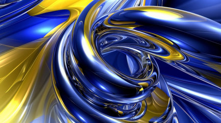 blue and yellow chrome 3d swirl pattern on a blue backgroundの素材