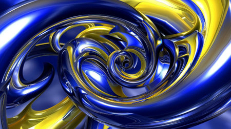 blue and yellow chrome 3d swirl pattern on a blue backgroundの素材