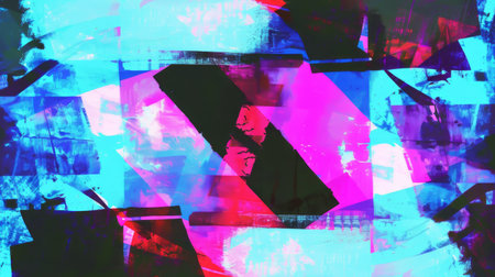 abstract painting with glowing geometric shapes in shades of blue, purple, and redの素材