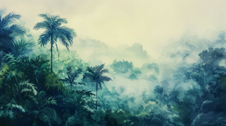 vintage watercolor painting of dense tropical forest with misty atmosphereの素材