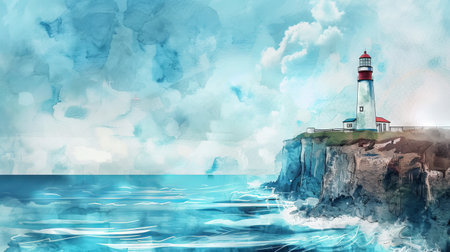 vintage watercolor painting of lighthouse on the edge of a cliffの素材