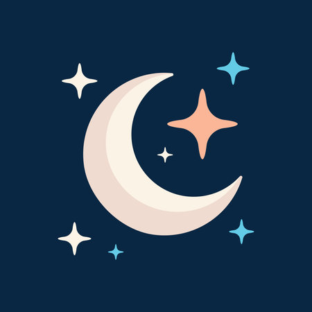 Crescent moon and stars icon. Vector illustration in flat style.のイラスト素材