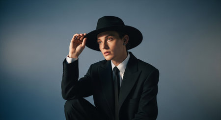 Portrait of a handsome young man in a black suit and hatの素材