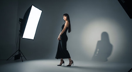 Beautiful asian woman in black dress posing in photo studio.の素材