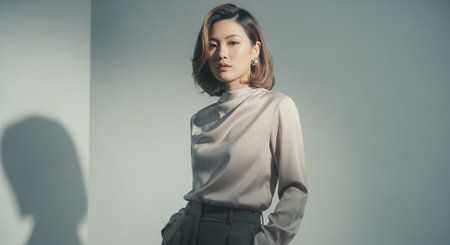 attractive asian businesswoman in formal wear looking at camera on grey backgroundの素材