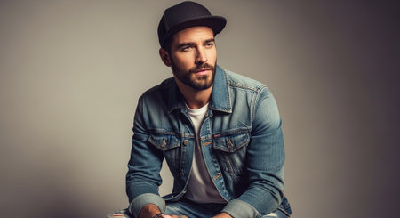 Handsome young man in a denim jacket and cap on a gray background.の素材