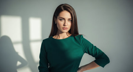 beautiful young woman in green dress looking at camera, isolated on greyの素材