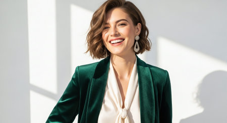 beautiful young woman in green jacket smiling and looking away on whiteの素材