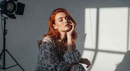 beautiful redhead girl with closed eyes posing in photostudioの素材