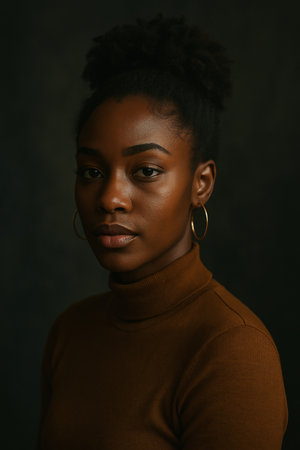 Portrait of a young african american woman on a dark backgroundの素材