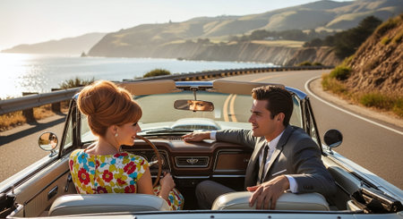 Young couple in cabriolet on a road trip along the coastの素材
