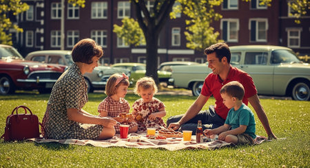 happy family picnicking on picnic blanket in park at summer dayの素材
