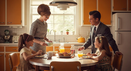 Happy family having breakfast in the kitchen at home. Mother, father and childrenの素材