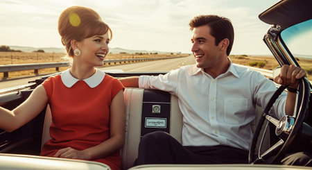 Beautiful young couple is driving a convertible car on the road.の素材