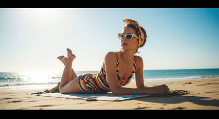 Portrait of a beautiful young woman in bikini and sunglasses on the beachの素材