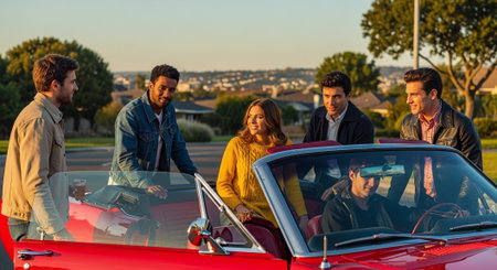 Group of friends sitting in a red cabriolet and talking.の素材