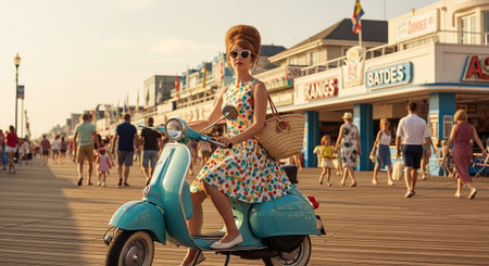 Portrait of a beautiful young woman riding a scooter on the pierの素材