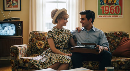 Retro style couple sitting on sofa and using typewriter at homeの素材